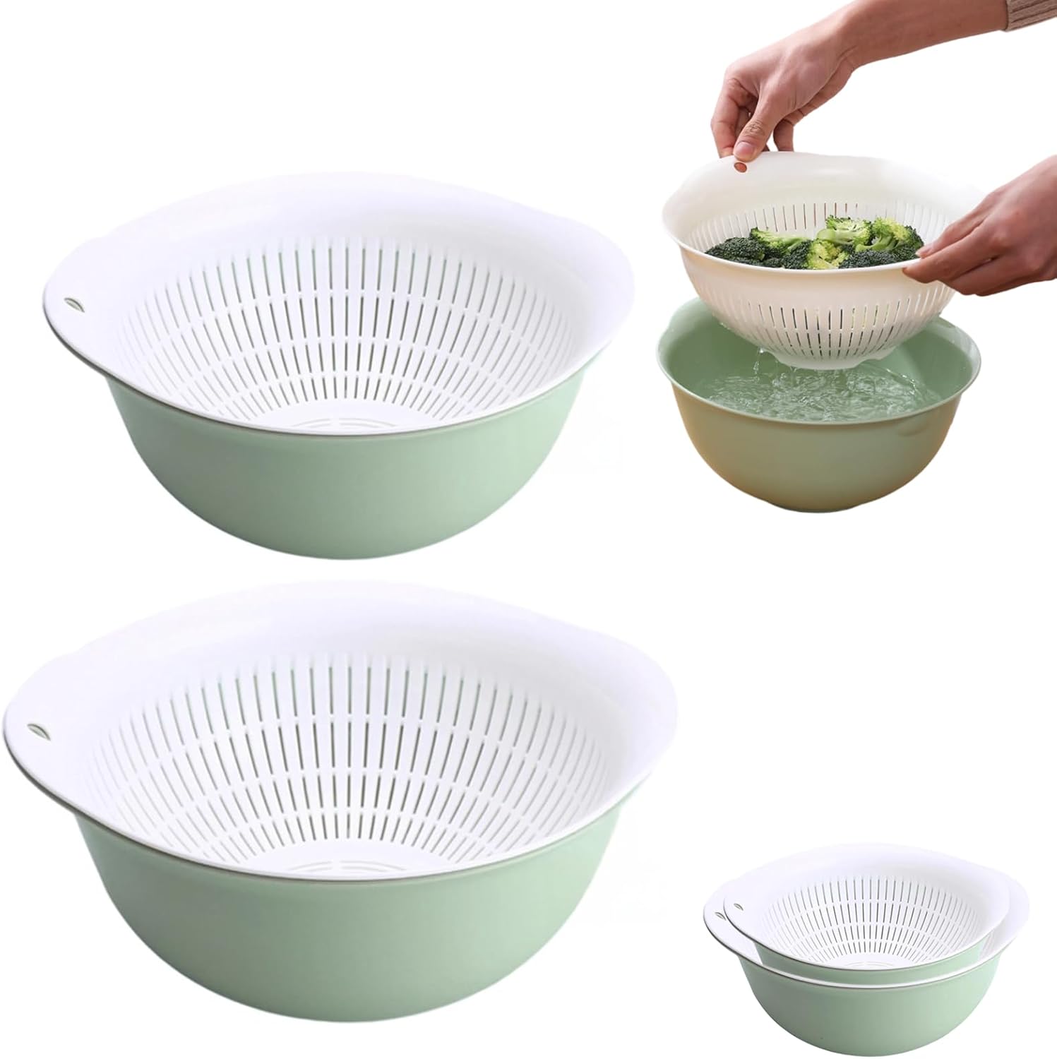 Colander Bowl Set of 2. Nesting Large Capacity Plastic Food Strainer for Pasta. Vegetables and Fruits Washing Draining Basket. Space Saving. BPA Free