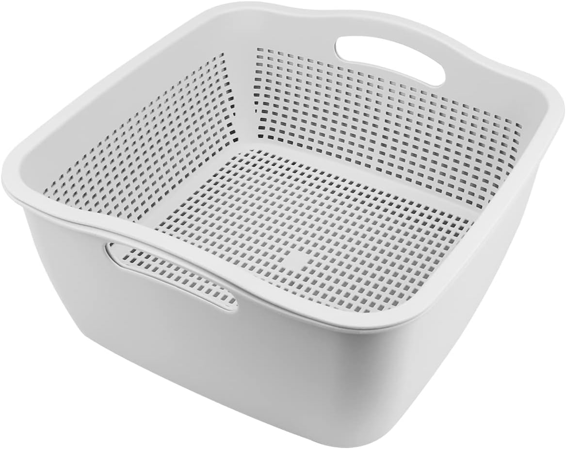 Double-layer Draining Basket Plastic Fruits Vegetable Washing Basket Food Storage Basket Multi-layer Stackable Vegetable Sinks Wash Drain Basket for Kitchen (Grey)