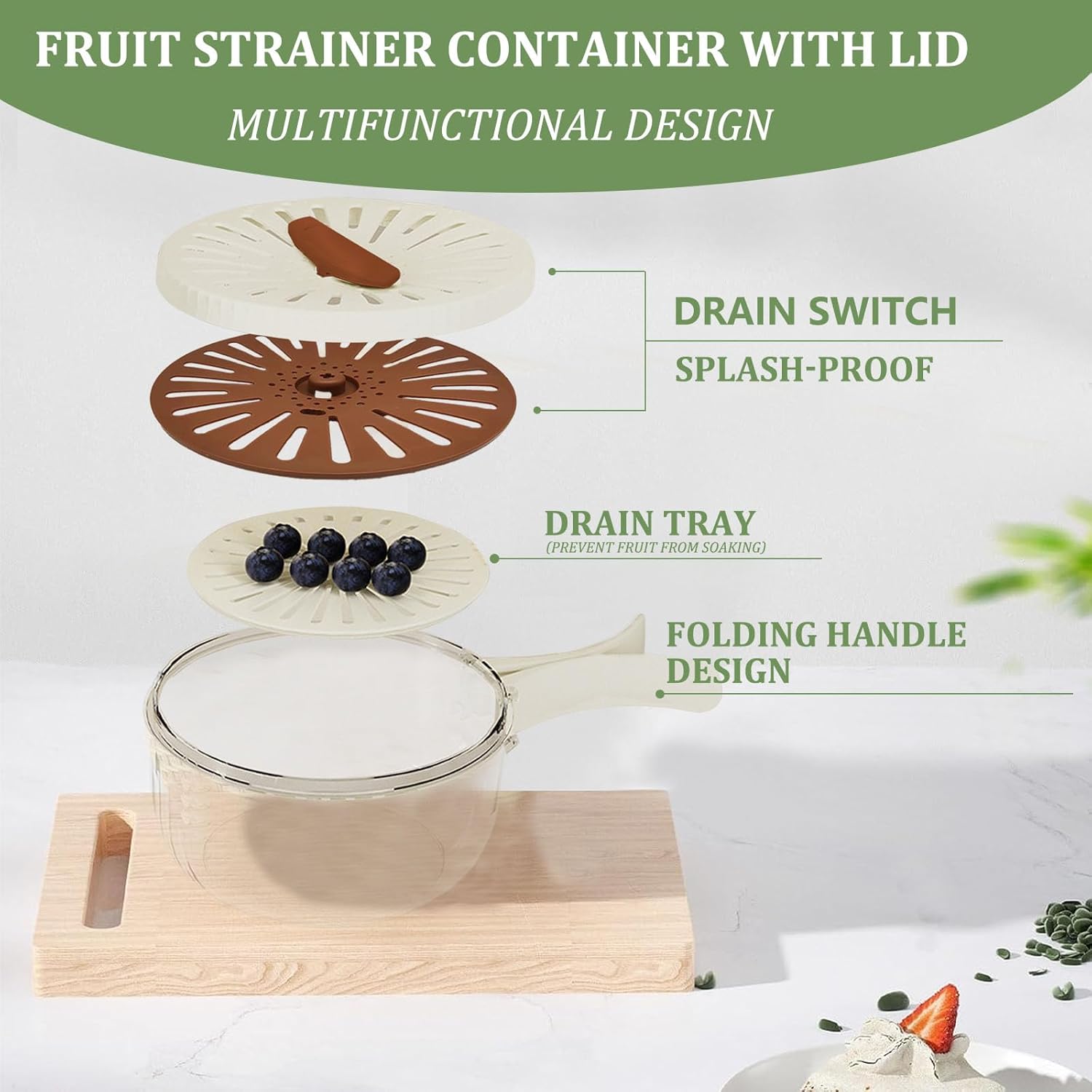Multifunctional Fruit Washing Bowl with Strainer.2 in 1 Drain basket and Fruit Strainer Container with Lid.Fruit Washer Bowl for Kitchen.Fridge.Picnic & Camping.1QT(1000ML)
