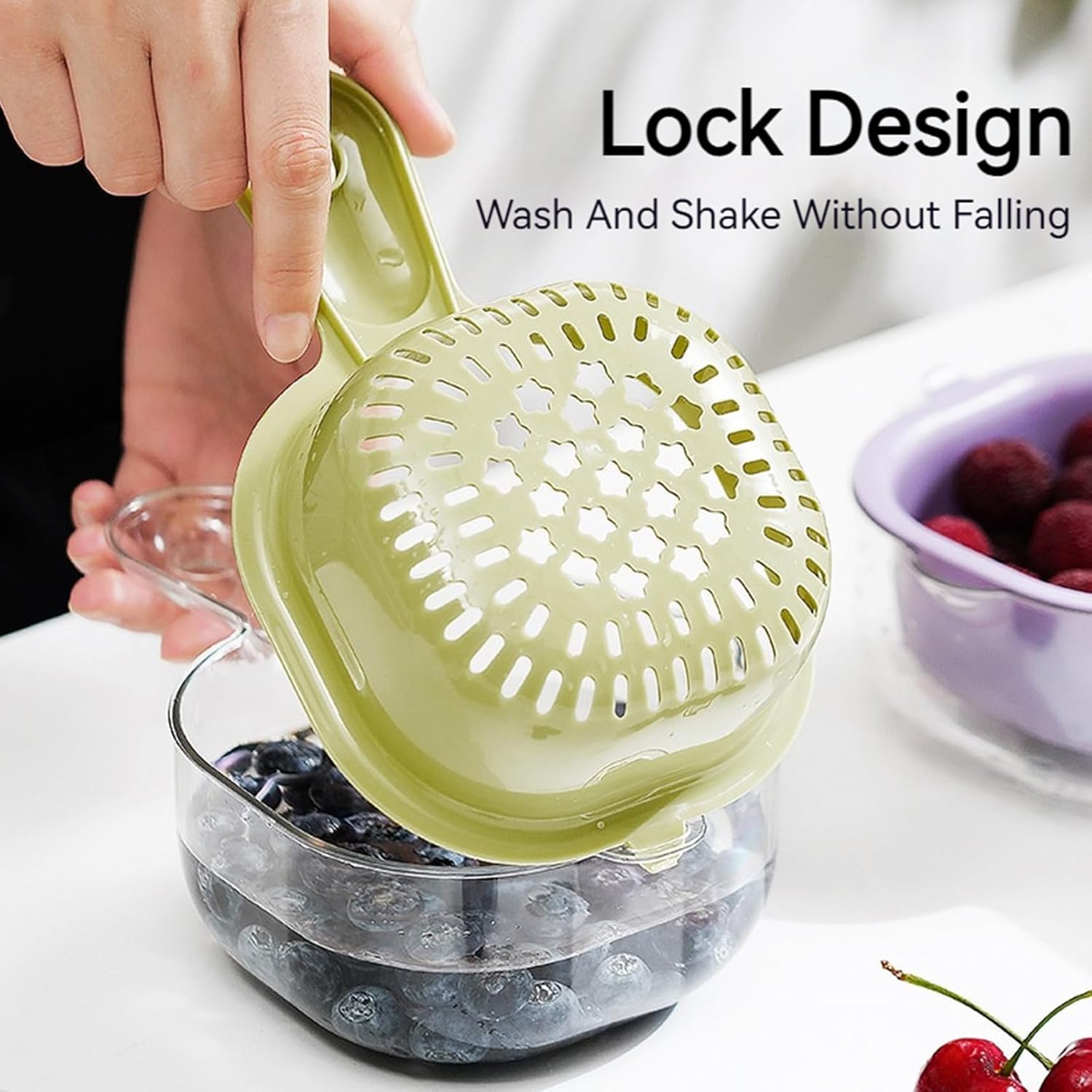 Small Fruit Colander.Fruit Rinser Strainer Container Dual-Layer Vegetable Cutting And Draining Basket.Watermelon Bowl With Strainer For Mini Berry And Tomato Grape Washer (Purple)