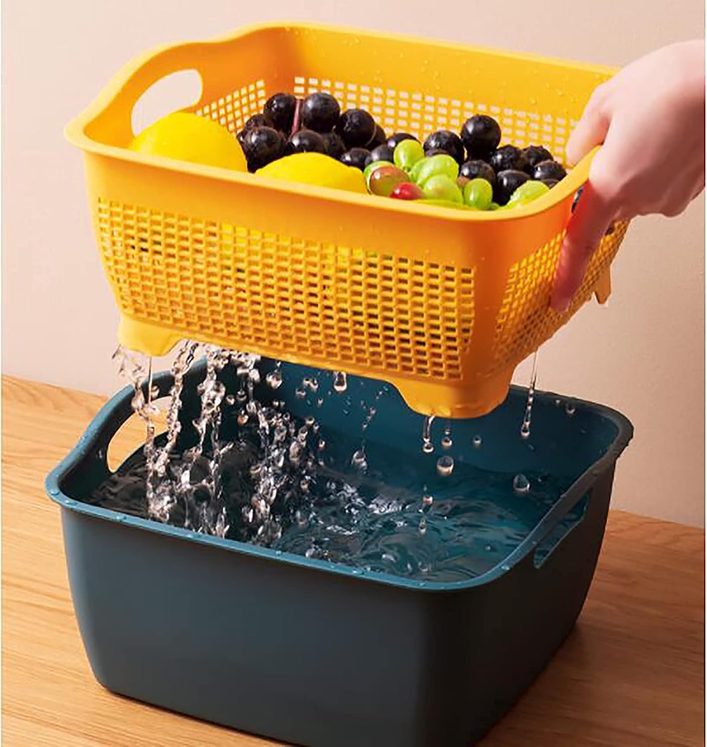 Jucoan 2 Pack 9 & 8 Quart Large Kitchen Strainer Colander Bowl Set. Double-Layer Plastic Fruits Vegetable Washing Basket. Drain Bowls for Cleaning Washing Mixing. Detachable (Blue. Orange)