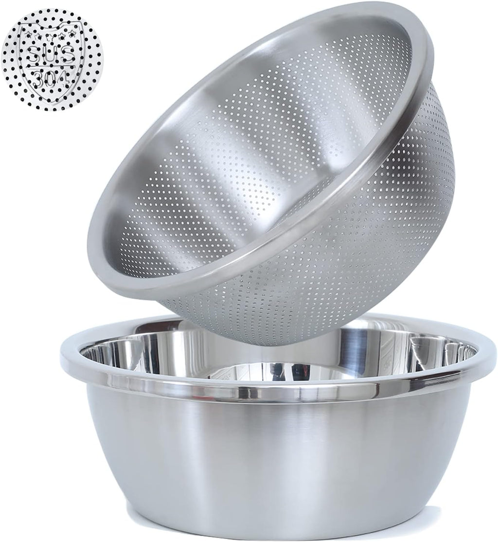 304 Stainless Steel Microporous Colander.2QT Large Capacity with Mixing Bowl For washing vegetables. fruit and rice and for draining cooked pasta(2PC)