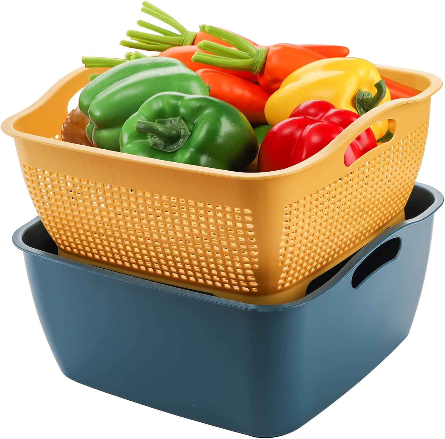 Jucoan 2 Pack 9 & 8 Quart Large Kitchen Strainer Colander Bowl Set. Double-Layer Plastic Fruits Vegetable Washing Basket. Drain Bowls for Cleaning Washing Mixing. Detachable (Blue. Orange)