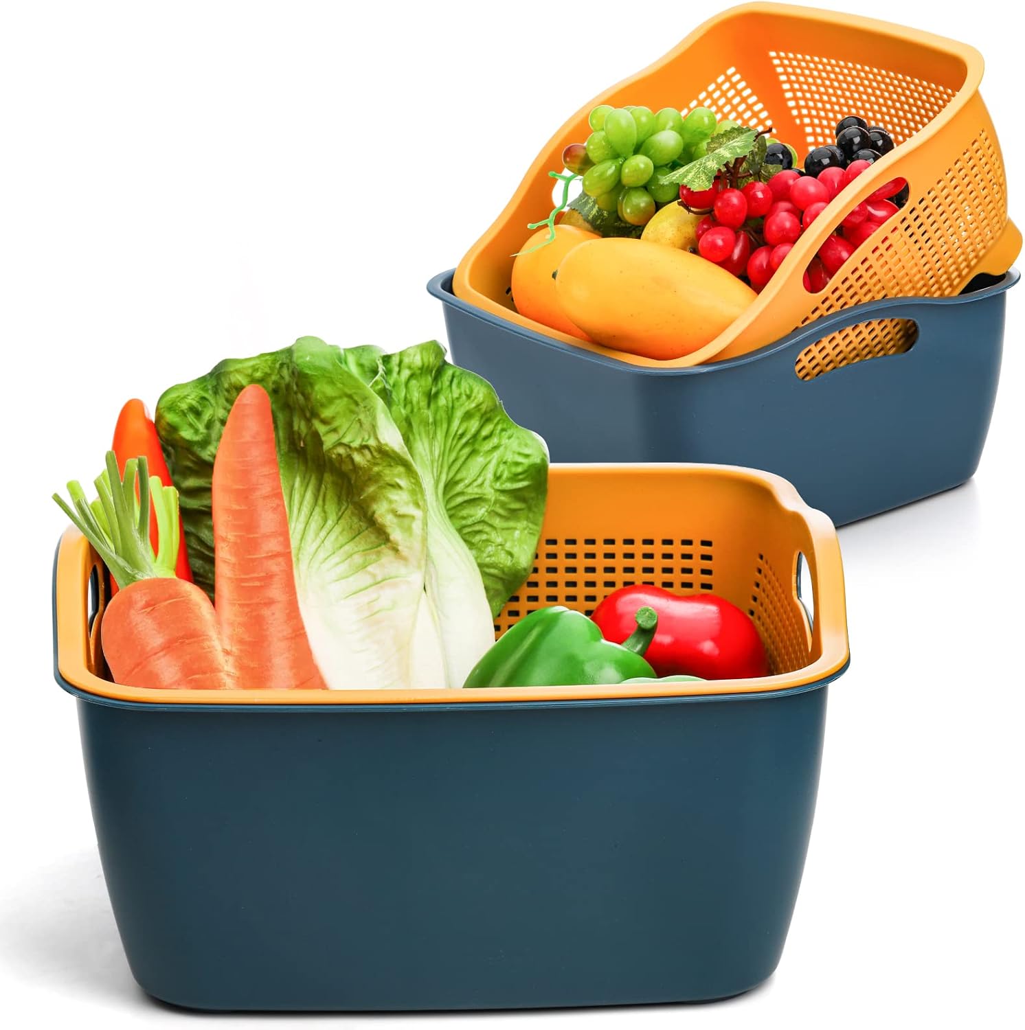 Jucoan 2 Pack 9 & 8 Quart Large Kitchen Strainer Colander Bowl Set. Double-Layer Plastic Fruits Vegetable Washing Basket. Drain Bowls for Cleaning Washing Mixing. Detachable (Blue. Orange)