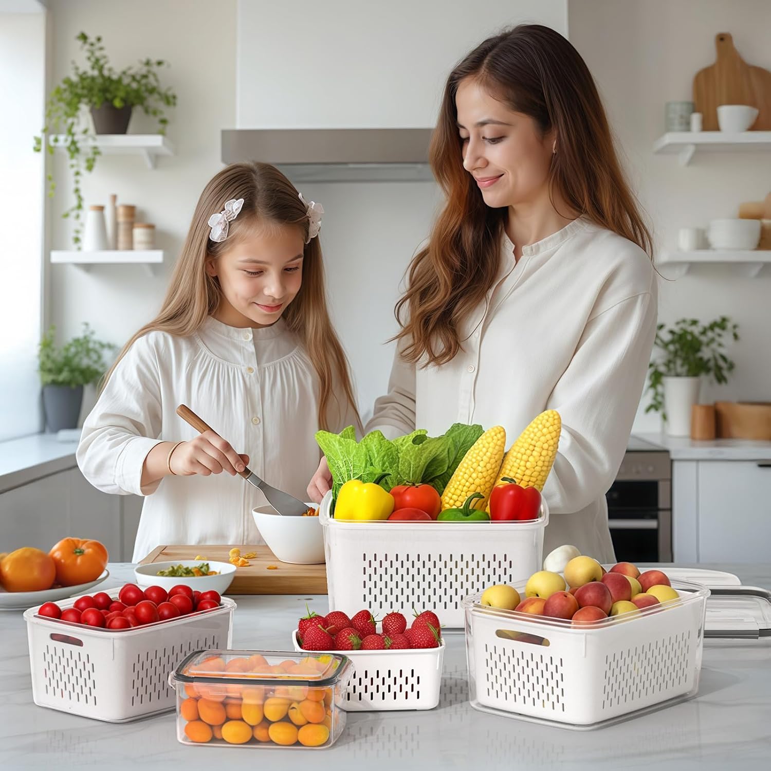 4 PCS Fruit Storage Containers for Fridge. Produce Containers for Fridge with Removable Colander. All-In-One Fruit Washing Bowl with Strainer Microwave/Dishwasher Safe for Salad Berry Lettuce Keeper