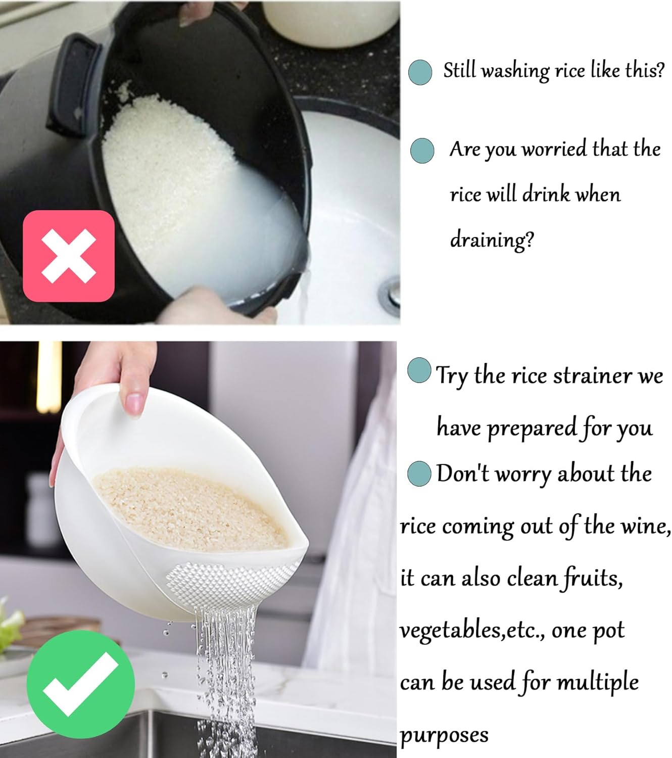 2-in-1 Rice Colander. Vegetable and Fruit Cleaning Filter Basket. 2Piece Sturdy and Easy-To-Use Food Grade Kitchen Tool Accessories (blue. Small)