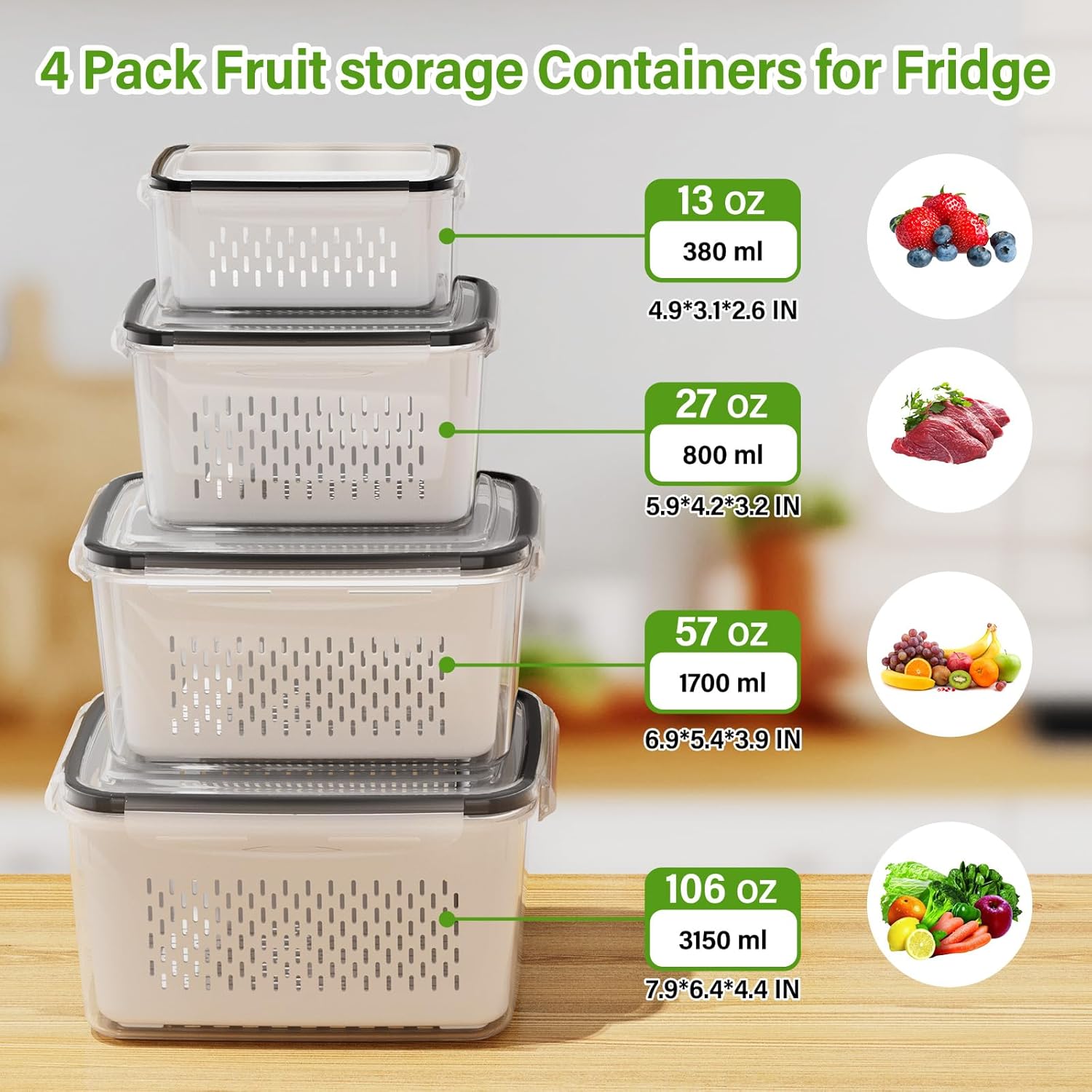 4 PCS Fruit Storage Containers for Fridge. Produce Containers for Fridge with Removable Colander. All-In-One Fruit Washing Bowl with Strainer Microwave/Dishwasher Safe for Salad Berry Lettuce Keeper