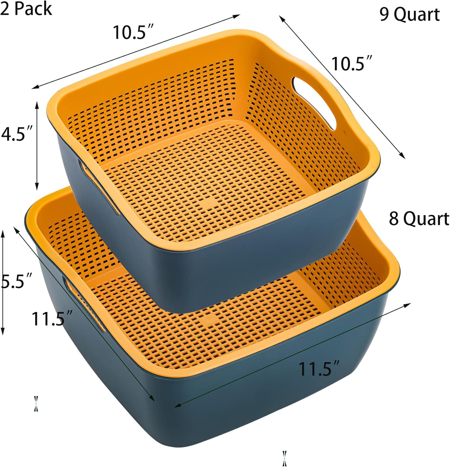 Jucoan 2 Pack 9 & 8 Quart Large Kitchen Strainer Colander Bowl Set. Double-Layer Plastic Fruits Vegetable Washing Basket. Drain Bowls for Cleaning Washing Mixing. Detachable (Blue. Orange)